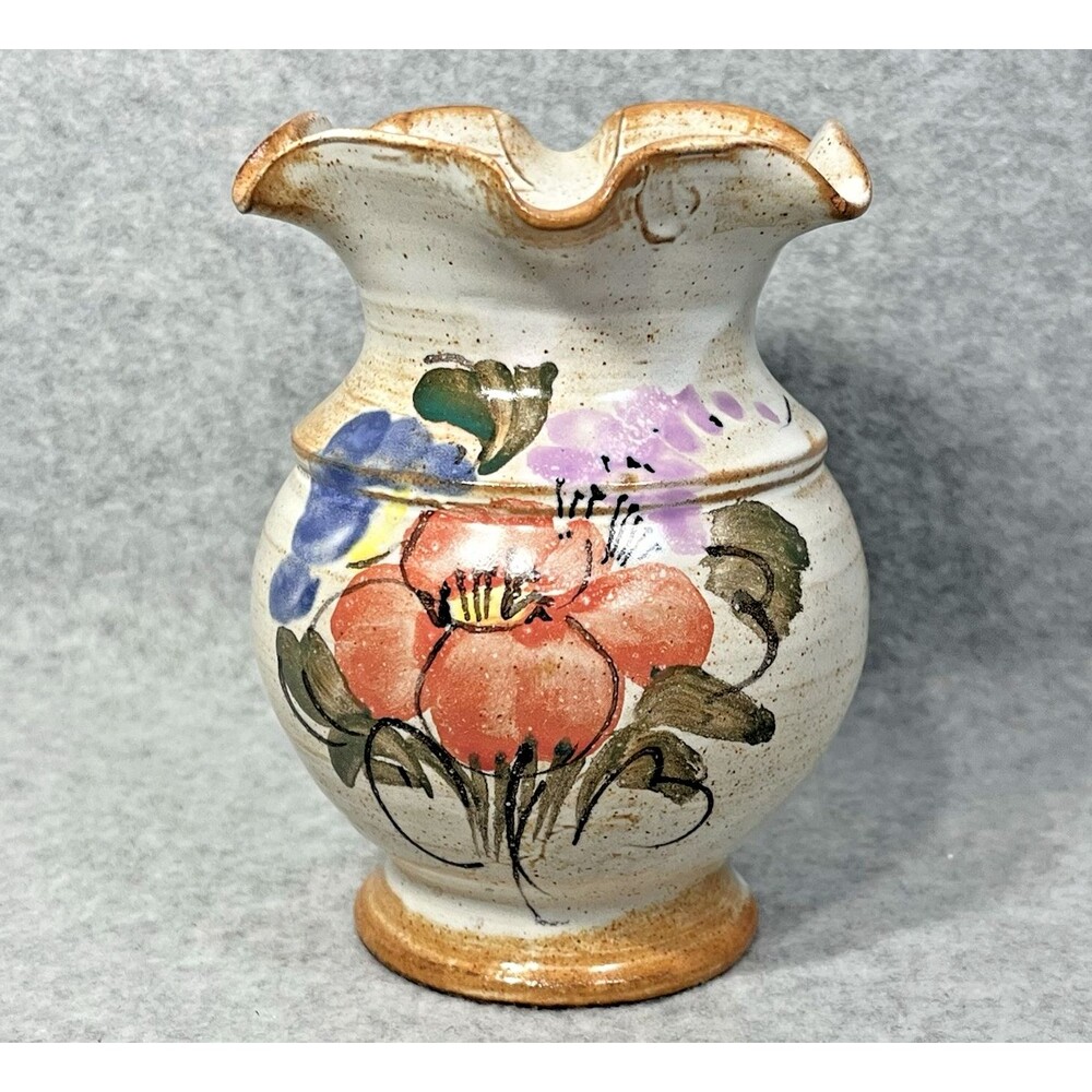 Pottery Glaze Vase Floral Hand Painted Flower Earthenware Terracotta Ruffle Edge